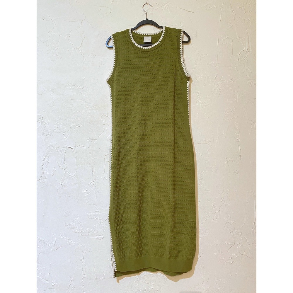 Varley Dwight Tank Knit Dress Womens Large Green Cotton Scalloped Trim VAR02043